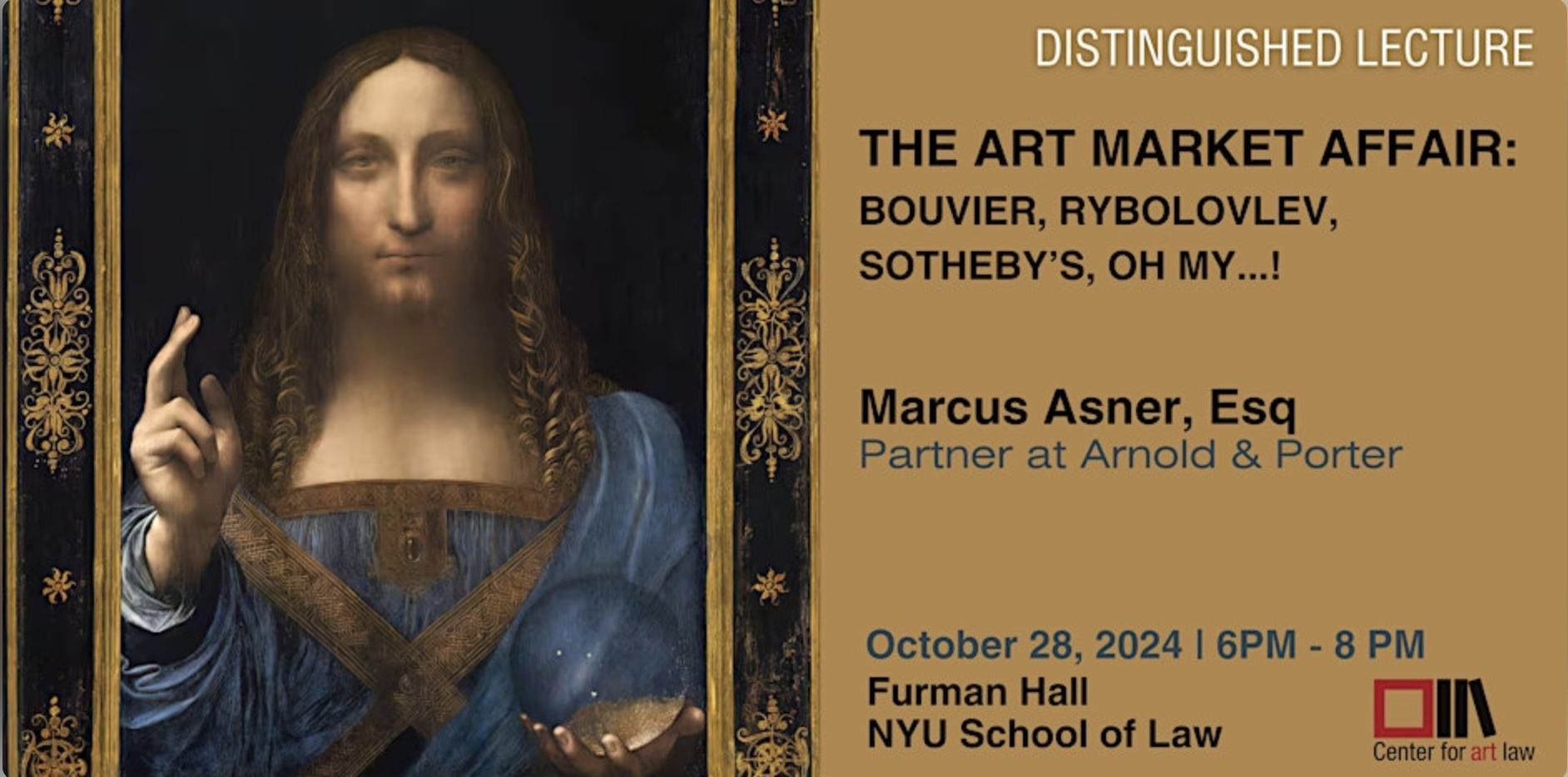 Cover for the event with text on the right side and fragment from Salvator Mundi painting on the left